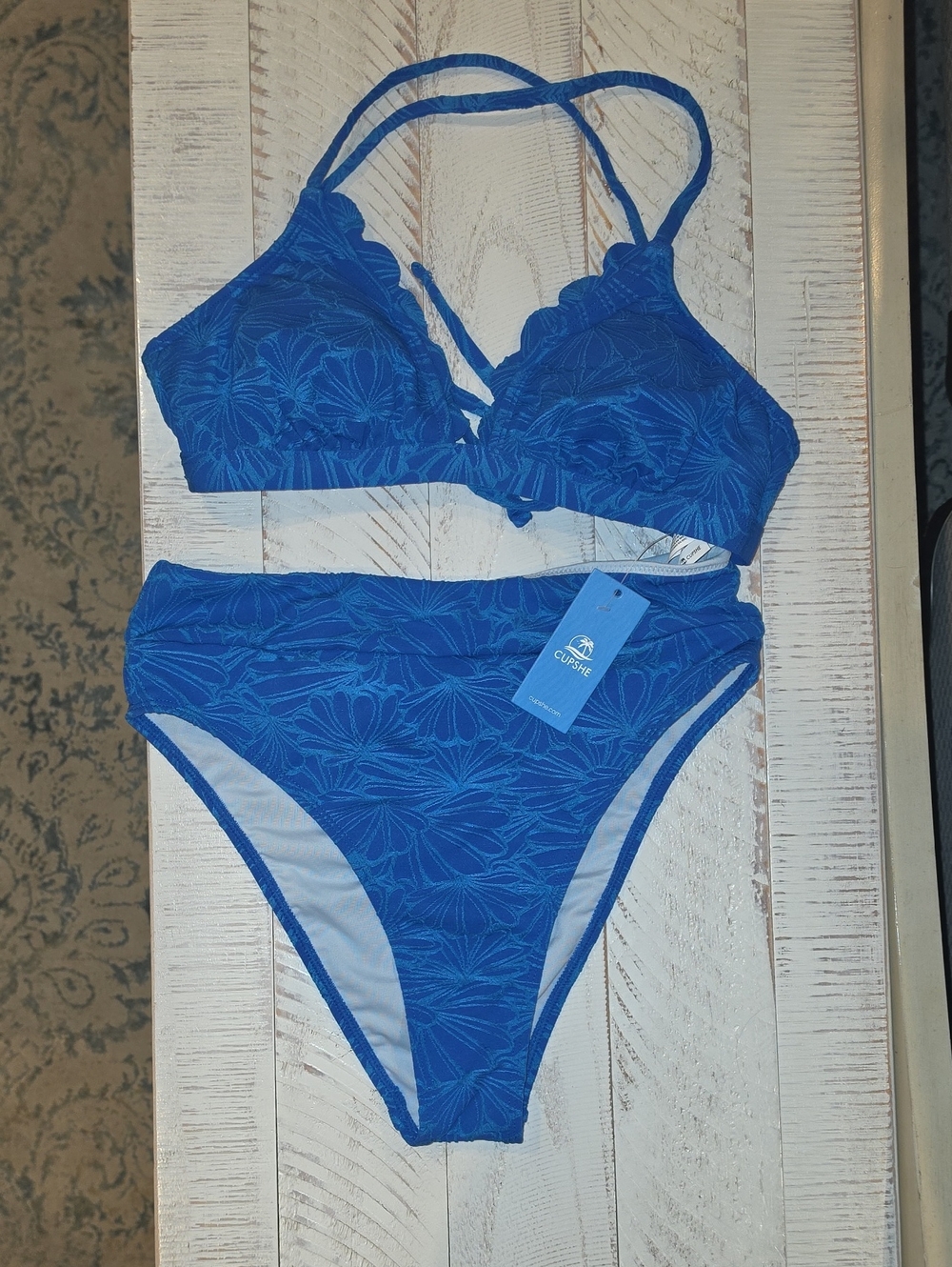 Cupshe Royal Blue Textured Floral Bikini Set